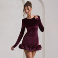 European and american women's clothing  autumn new fashion elegant velvet round neck three-dimensional pleated hem long sleeve dress