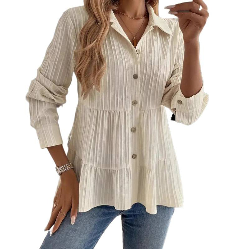 Shipped: new solid color casual textured long-sleeve button-down shirt for us & european cross-border e-commerce ()