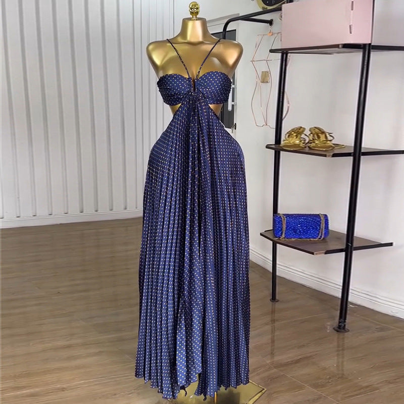 European and american cross-border women's fashion:  summer new arrivals - sexy cutout, high-waisted, pleated maxi slip dress