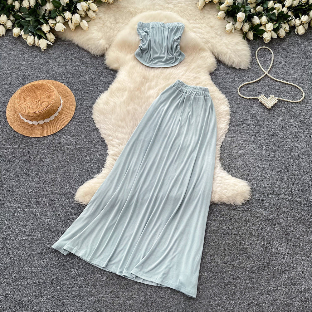 French riviera style halter top two-piece set: women's summer bandeau top & high-waisted midi skirt - slimming, chic, and fashionable outfit