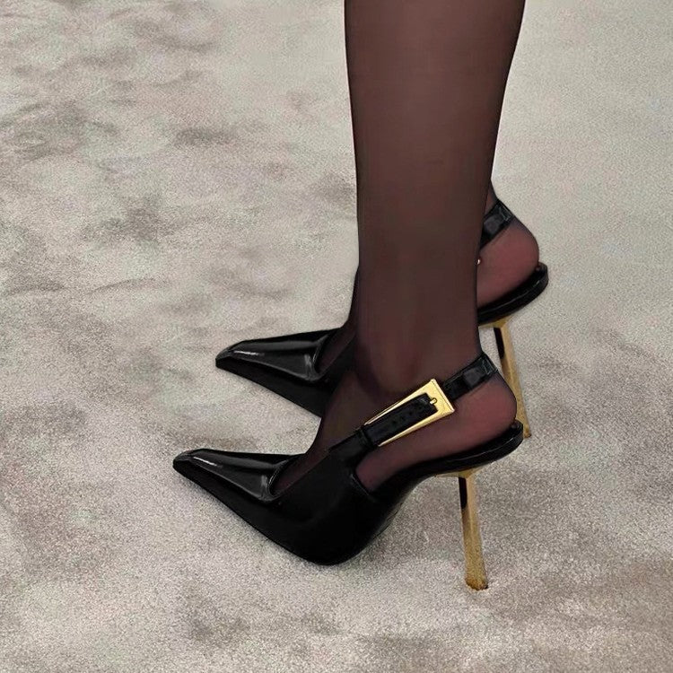 Black pointed-toe stiletto heels, 2025 new style, inspired by nazha's look, elegant patent leather sexy metal toe-cap sandals for women