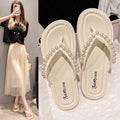 Pearl flip-flops women's summer outwear flip-flops toe sandals french low heel beach roman niche new sandals