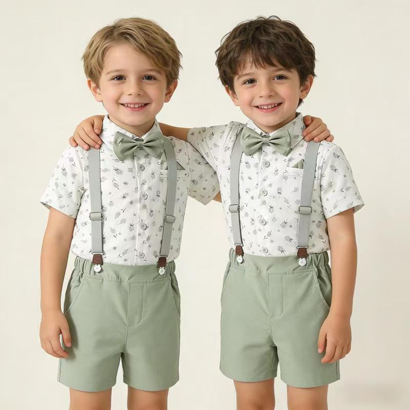 new arrival: korean style children's gentleman outfit - suspender set for boys, featuring a printed short-sleeve shirt