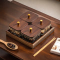 Four-compartment glass bowl with gold-edged hammered texture + walnut wood tray + lid