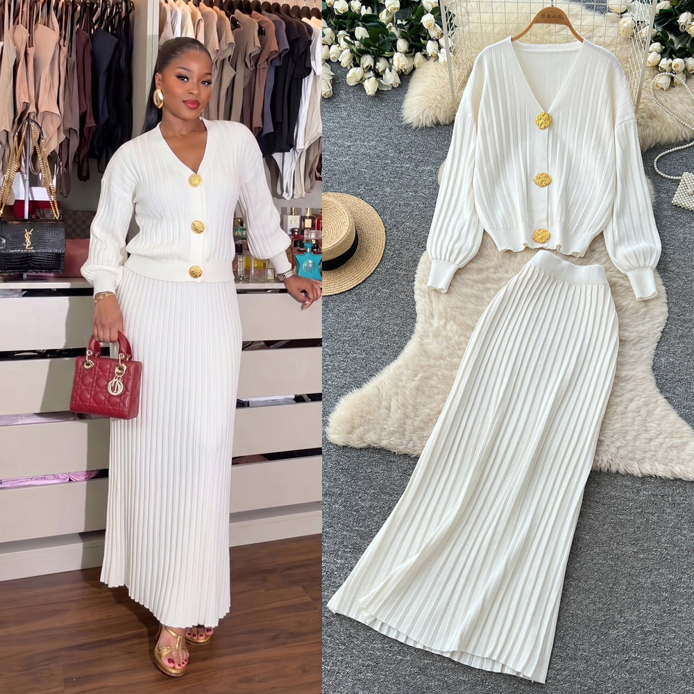Lazy style metal buckle knittingcardigantopstwo-piece set women's autumclassy sense silm hip skirt suit