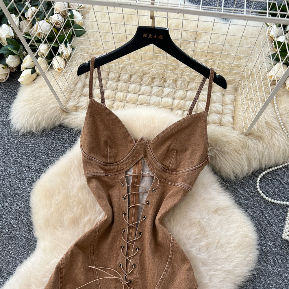 European and american style sexy hollow-out tie-up waist v-neck denim jumpsuit - women's fashion hot girl slim fit flare pants