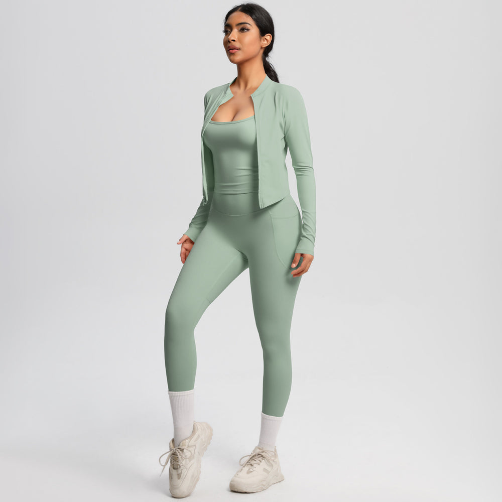 European and american outdoor casual tight-fit pocket yoga outfit set - quick-dry, high-waisted, slimming, cloud-like comfort, three-piece activewear set