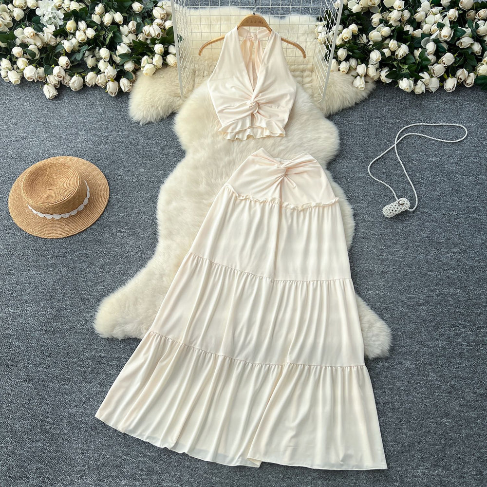 Summer outfit set: women's sexy v-neck halter twist knot waist tie back top + high-waisted flared midi skirt