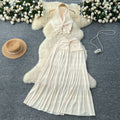 Summer outfit set: women's sexy v-neck halter twist knot waist tie back top + high-waisted flared midi skirt