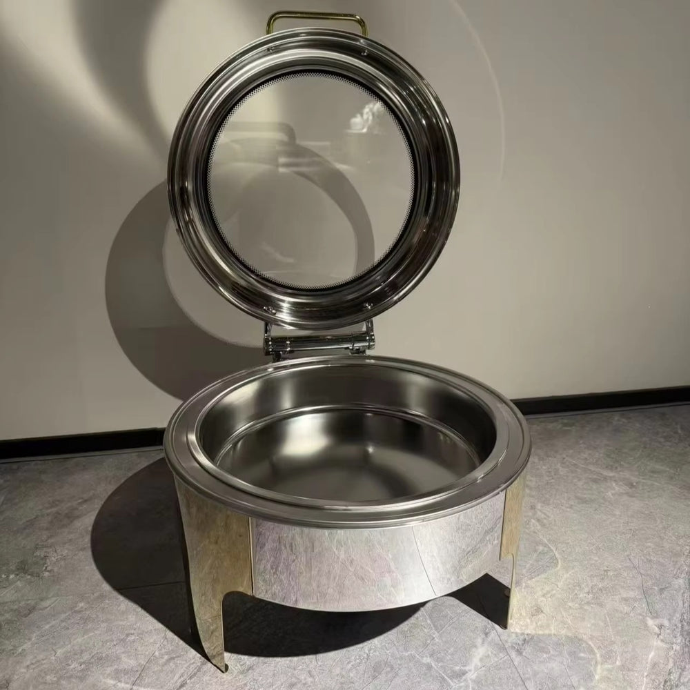 Round stainless steel buffet warming cabinet with see-through glass lid - commercial grade, 6l capacity - in stock for hotel use