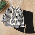 Girls' knitted sweater two-piece set,  autumn/winter new arrival, houndstooth pattern, little girl's cardigan and knit sweater outfit