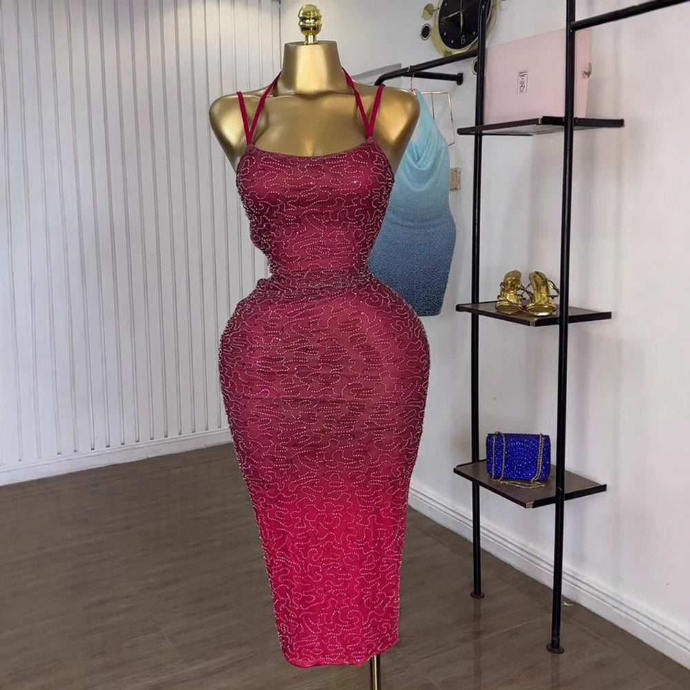 Gradient color sling sexybackless thin beaded dress summer pure desire style hot girl classy long dress for women