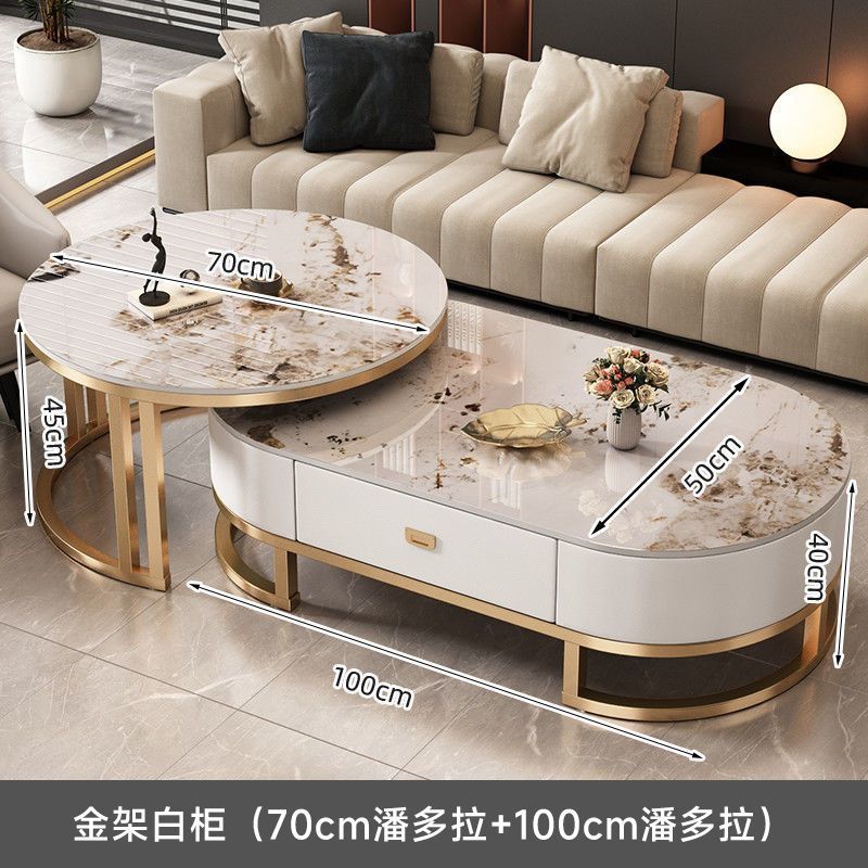 Italian light luxury oval glass coffee table living room home tea table high-end marble combination coffee table set