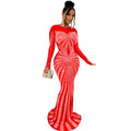 C6198   fashion women's solid color mesh see-through rhinestone long sleeve maxi dress