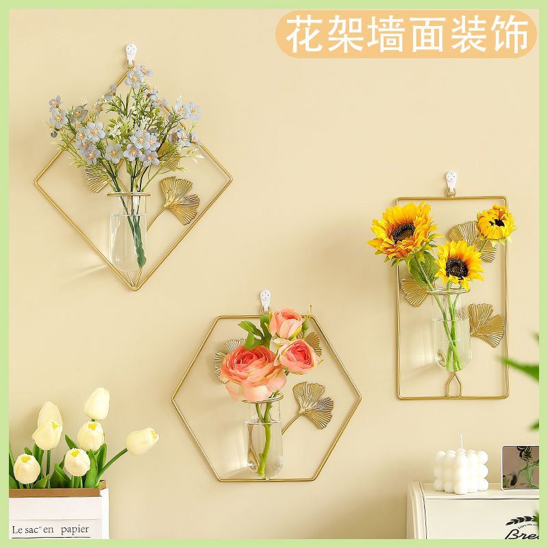 Vase green plant hydroponic flower stand wall hanging no punch florals flower arrangement container scandinavian iron art decoration creative wall hanging
