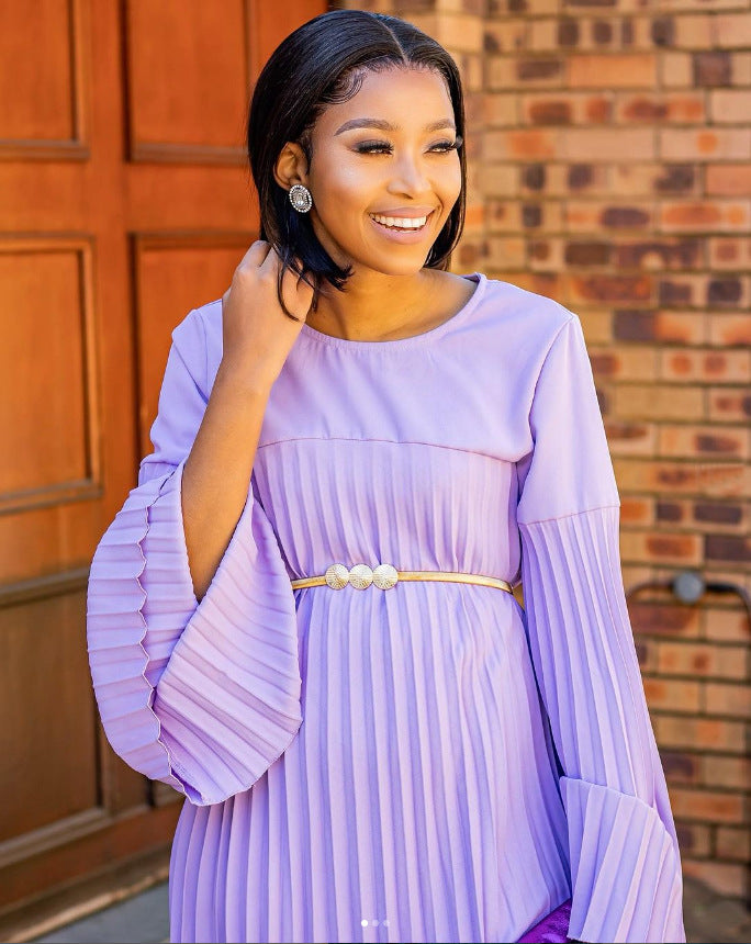 European and american cross-border women's fashion:  autumn new collection - ruffled, pleated, flared sleeve, a-line pleated dress