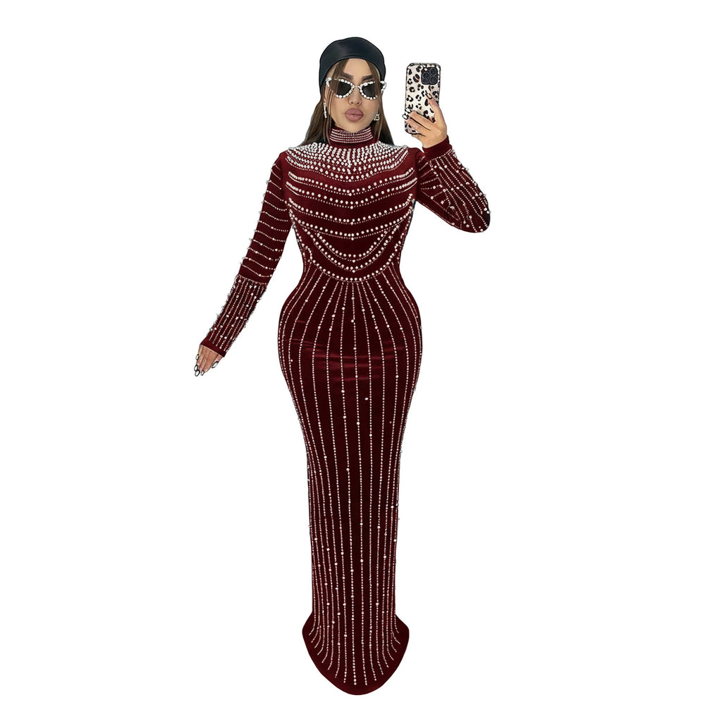 C7617 cross-border   fashion women's elegant velvet rhinestone long sleeve dress