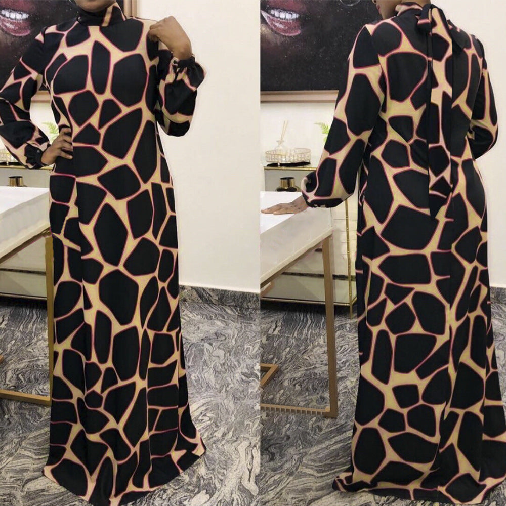Wholesale  african plus size clothing animal texture floral print mature style cinched waist slimming women's long dress
