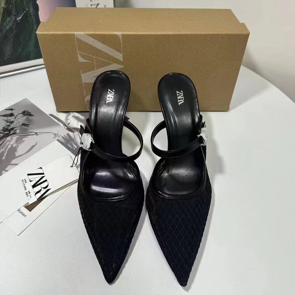 Za new 2024 summer women's shoes: mesh high heels, stiletto heels, thong sandals, low-cut open heels, breathable mules, and sandals