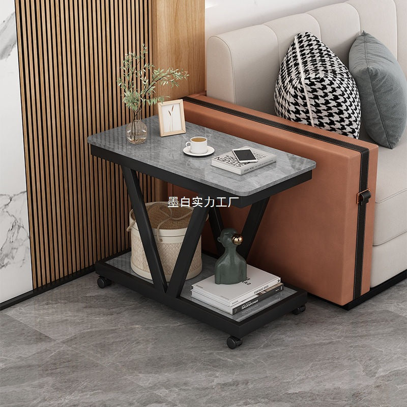 Nordic sofa side side side cabinet rock slab small coffee table with wheels side table double layer mobile small table corner bedside table