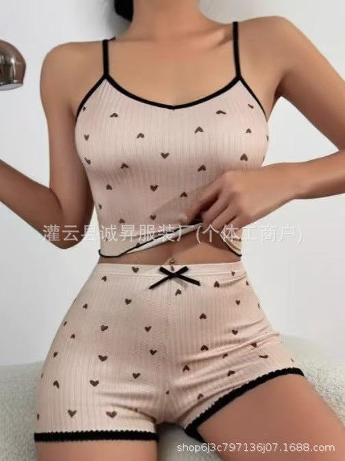 Amazon european and american style home wear multi-color heart print ribbed jacquard sexy lingerie set with camisole and shorts