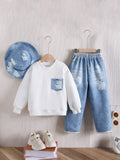 European and american style cross-border children's clothing: textured crewneck top + faux denim pants + hat 3-piece set for boys