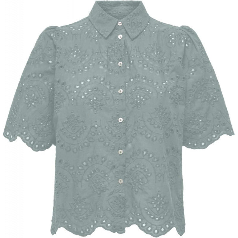 Amazon fashion cut out crochet short sleeve shirt women's  summer new arrivalfashioncasualeleganttops