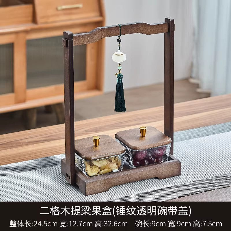 Chinoiserie walnut color dried fruit plate for home divided grids four-square grid lifting beam wedding new home glass bowl fruit plate fruit plate