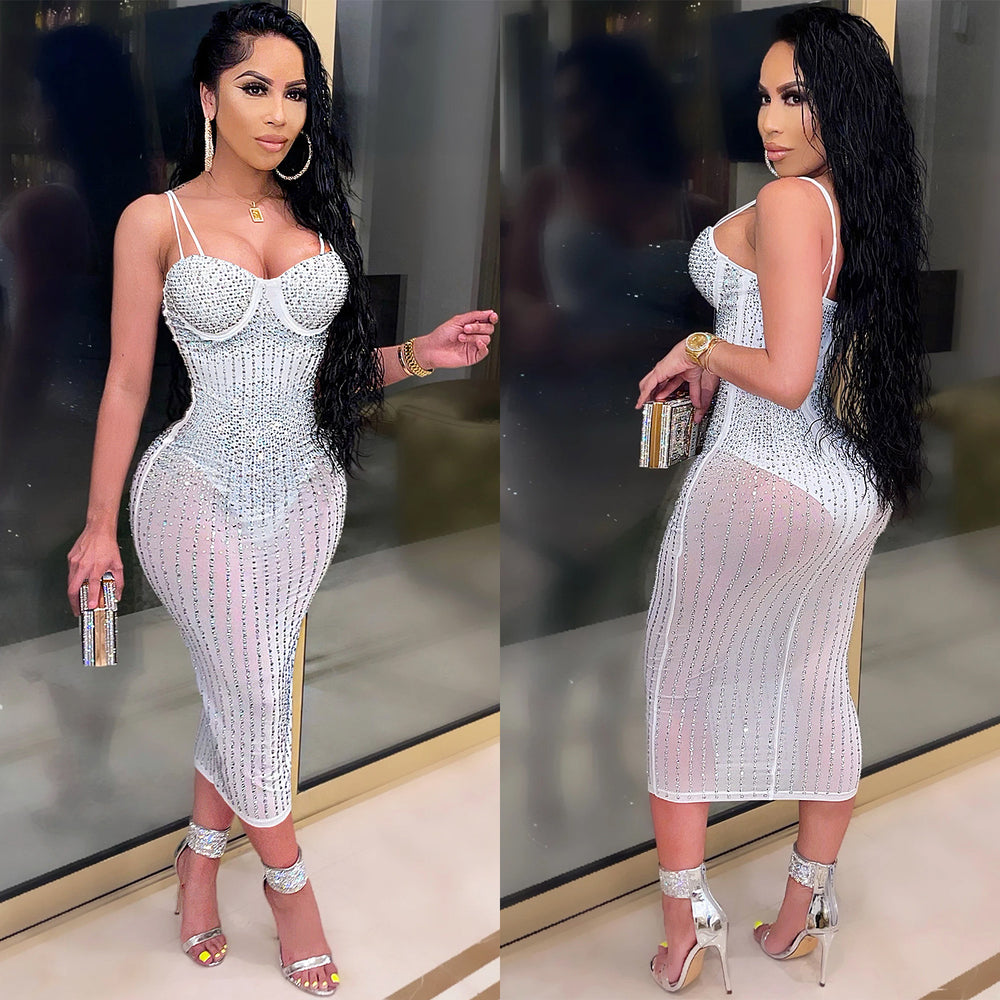 X3805 cross-border new arrival: european and american fashion women's party nightclub mesh see-through rhinestone embellished strappy dress
