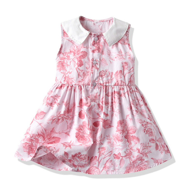 Girls' summer new sweet princess dress, kids' sleeveless floral print doll collar dress - wholesale & dropshipping available