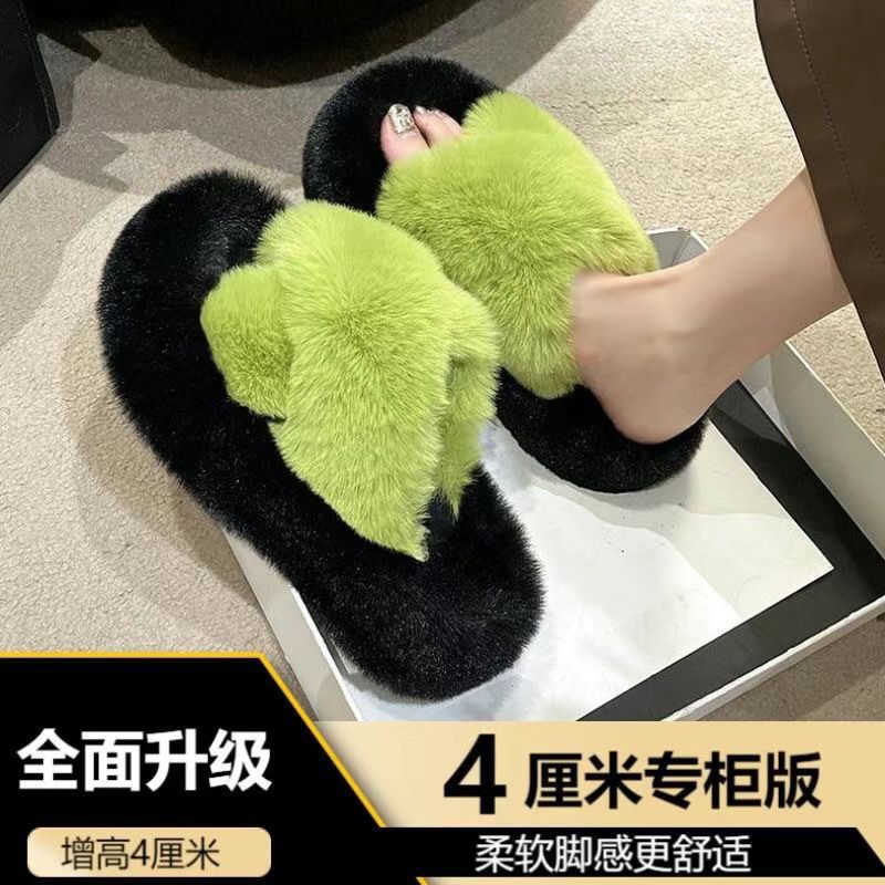 2025 autumn/winter trendy fuzzy slippers - instagrammable, versatile, women's outdoor wear, one-strap mules, chunky platform, criss-cross design