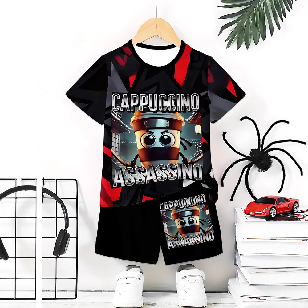 "stylish digital 67 print," perfect for summer wear, boys' outdoor sports t-shirt set