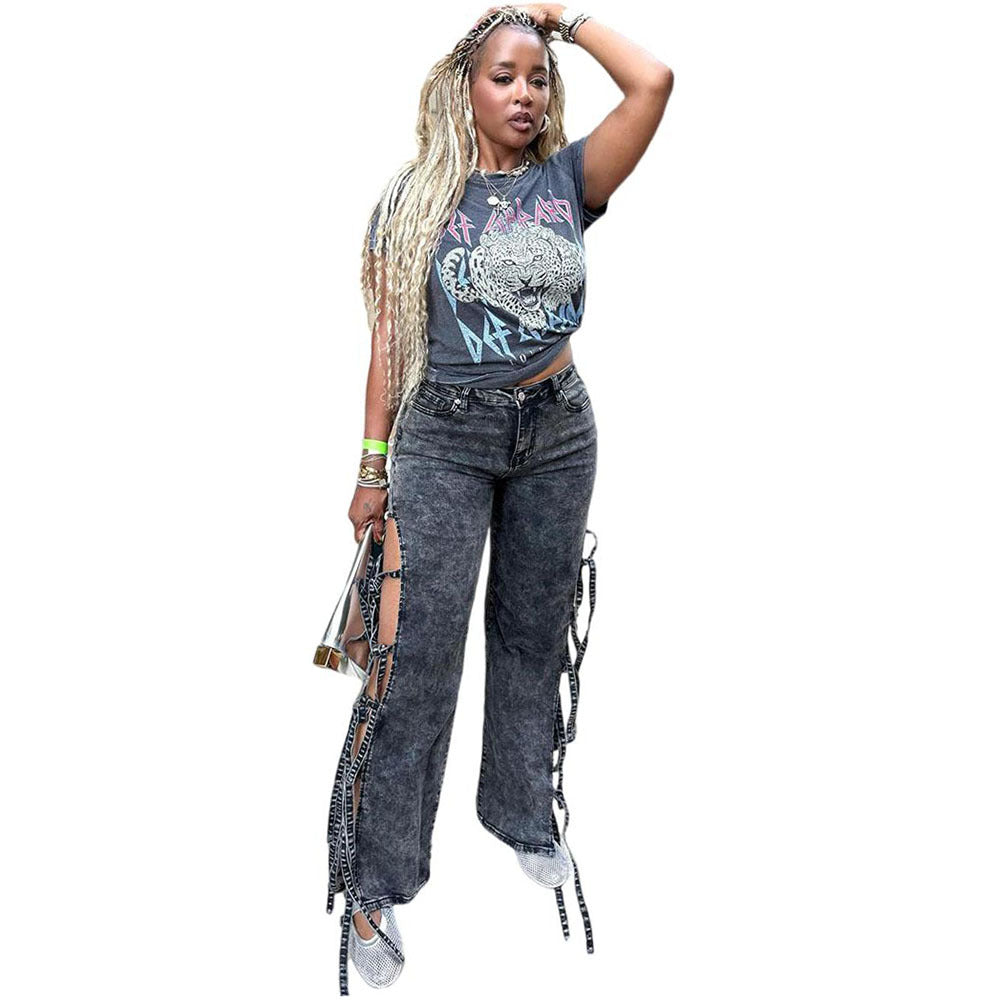European and american style jeans  cross-border women's fashion hot girl washed slit tie-up denim high waist pants