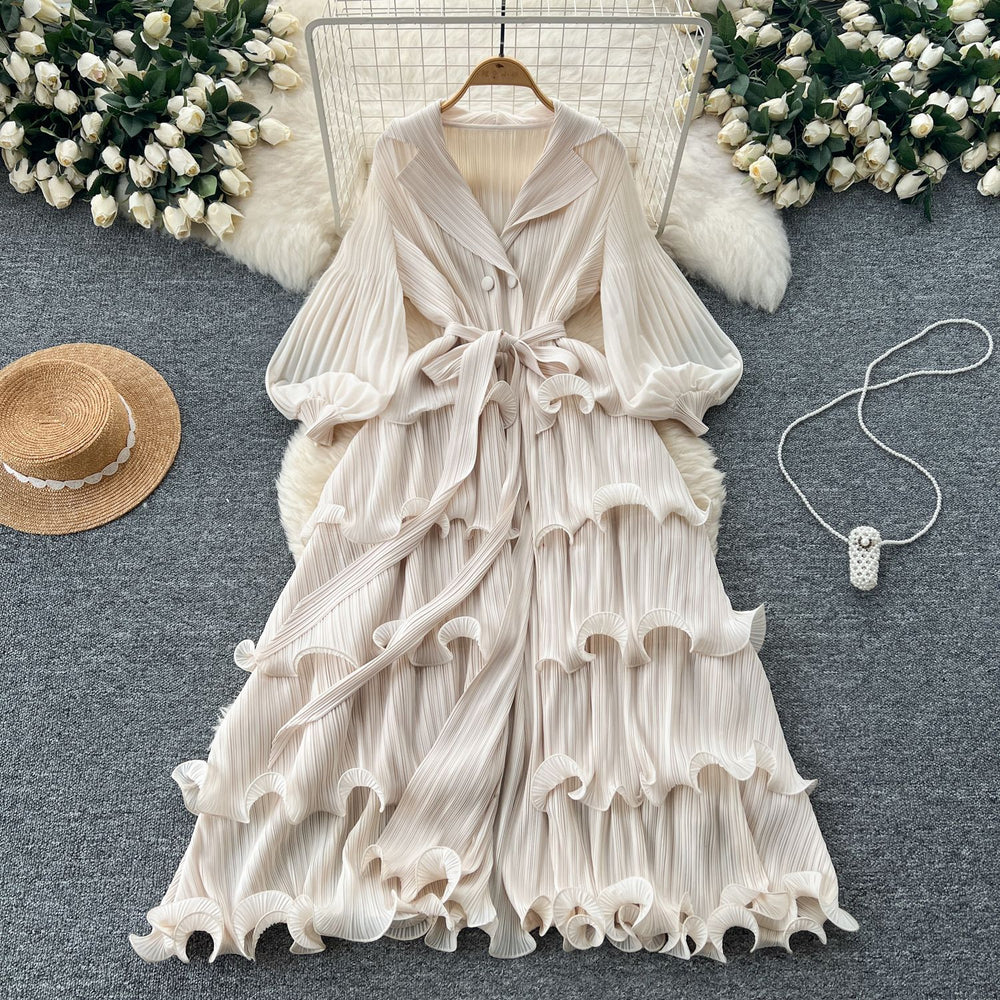 2025 new elegant spring dress: high-end vintage collar lantern sleeve ruched waist ruffle pleated dress for women