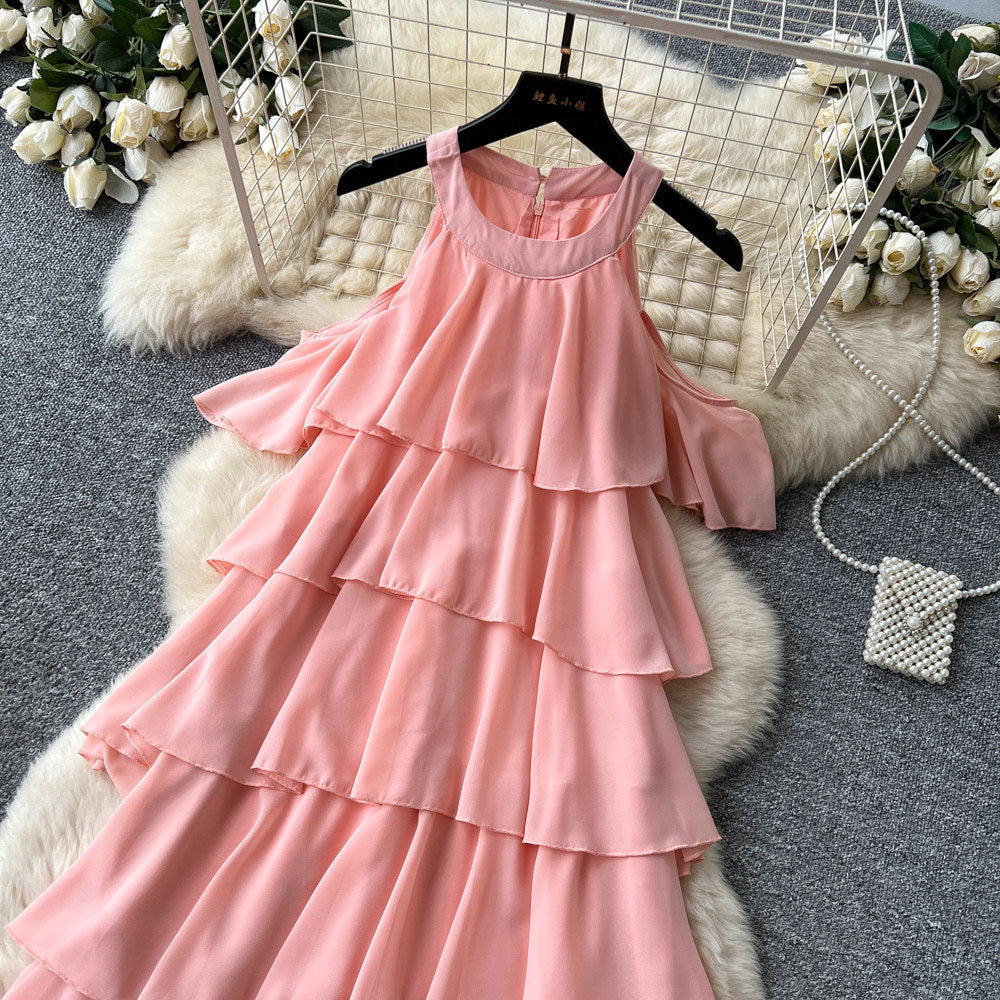 French sleeveless off-the-shoulder halter neck sexy dress - women's summer tiered ruffle cake dress - vacation style slimming maxi dress