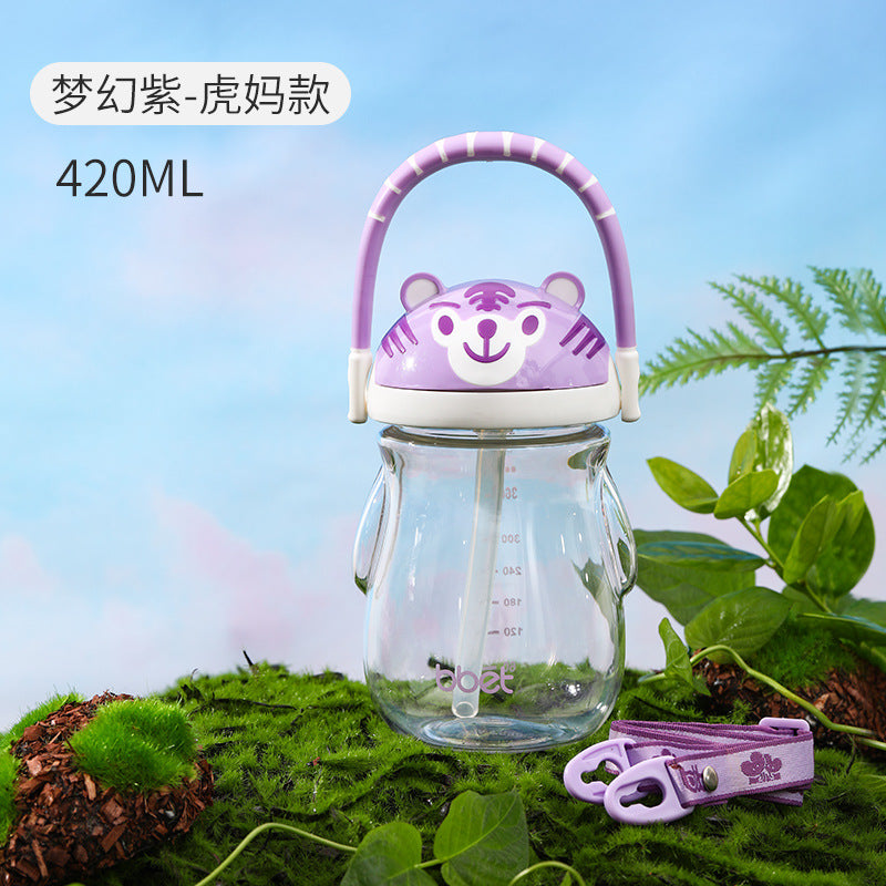 Tritan plastic baby straw cup large capacity kids water bottle cute tiger water bottle big belly cup customized