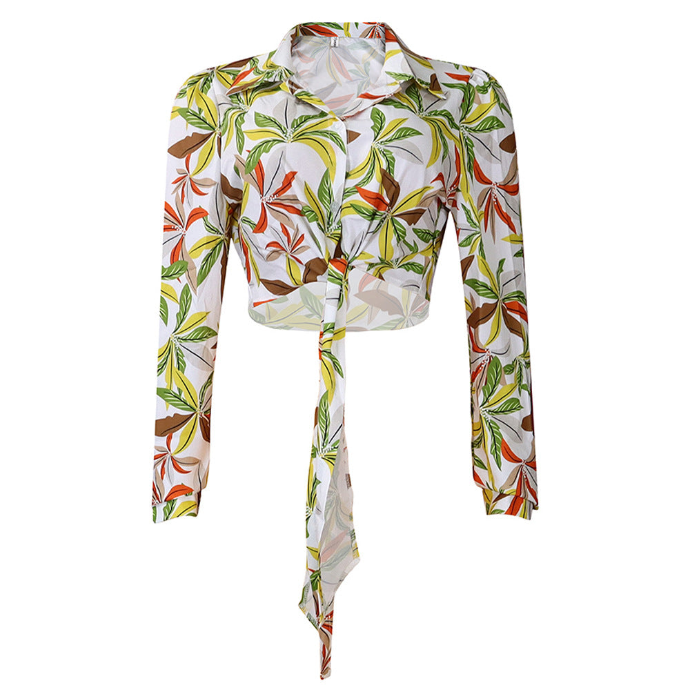 D3267  new fashion european and american foreign trade women's cross-border printed turn-down collar tie-neck long sleeve european and american blouse