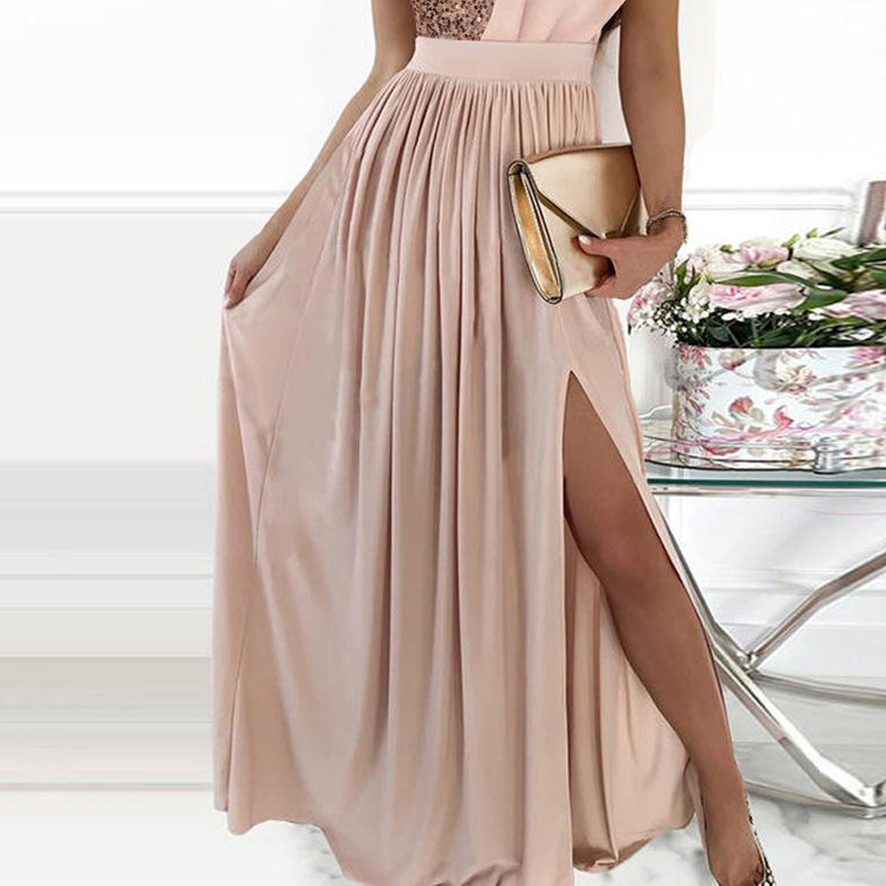 Y9338  cross-border summer new arrivals: european and american style fashionable elegant dress - sequin patchwork sleeveless gown