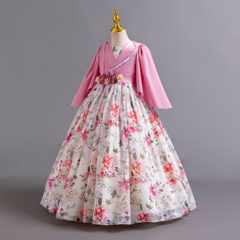New floral girl's dress chiffon long sleeve princess dress first birthday piano performance dress baby dress