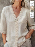european and american cross-border beige lace patchwork top, v-neck, half-open placket, short-sleeve, loose-fit shirt - wholesale for export