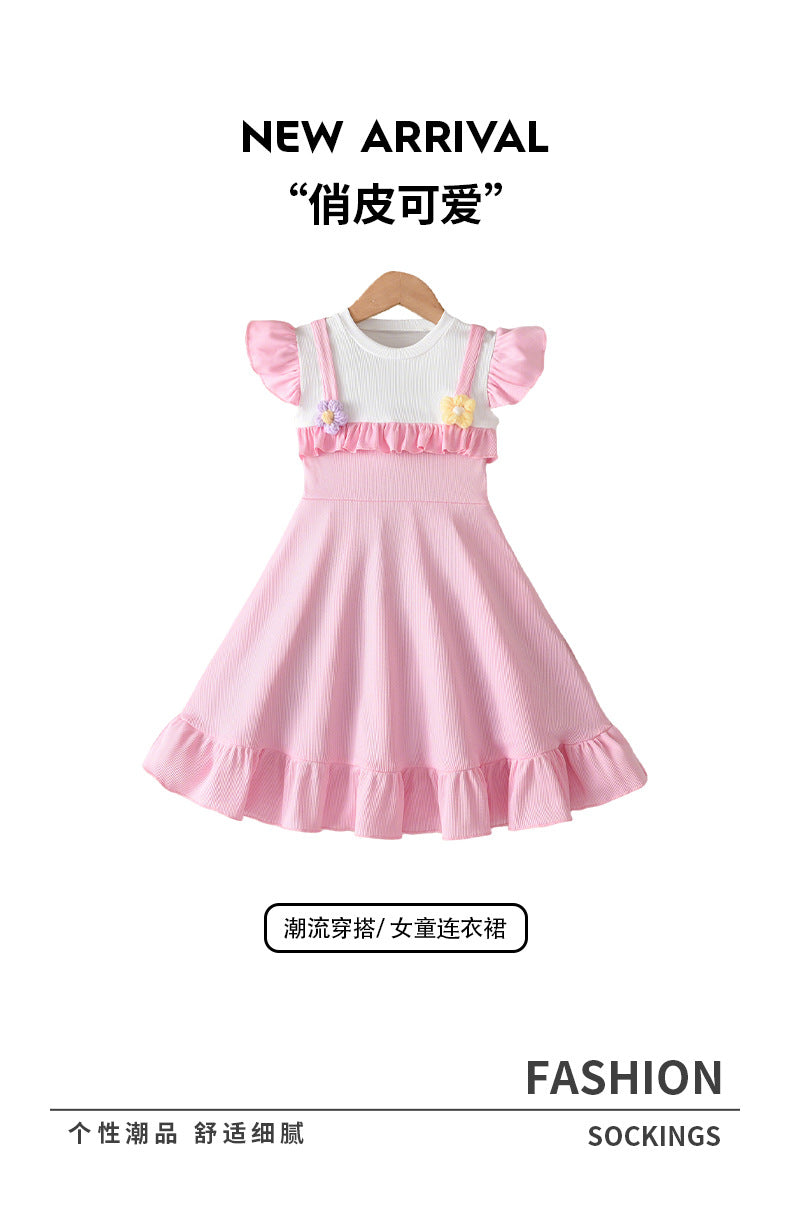 Exportsummergirldressfake two-piece flying sleevesrufflesflowerspatchwork waist large skirt kids skirt