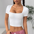 Pre-sale 73322 european and american cross-border lacepatchwork short-sleeved navel-baring tops women's summer slim short square neck t-shirt