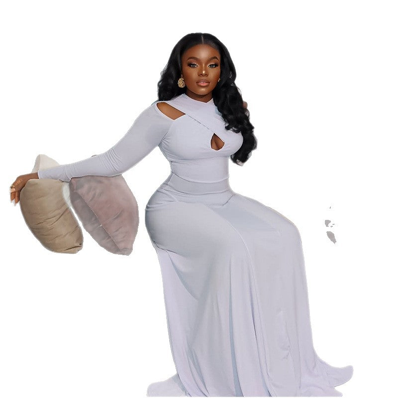 European and american women's clothing  autumn new sweet and fresh v-neck hollow-out high-waisted slimming a-line maxi dress