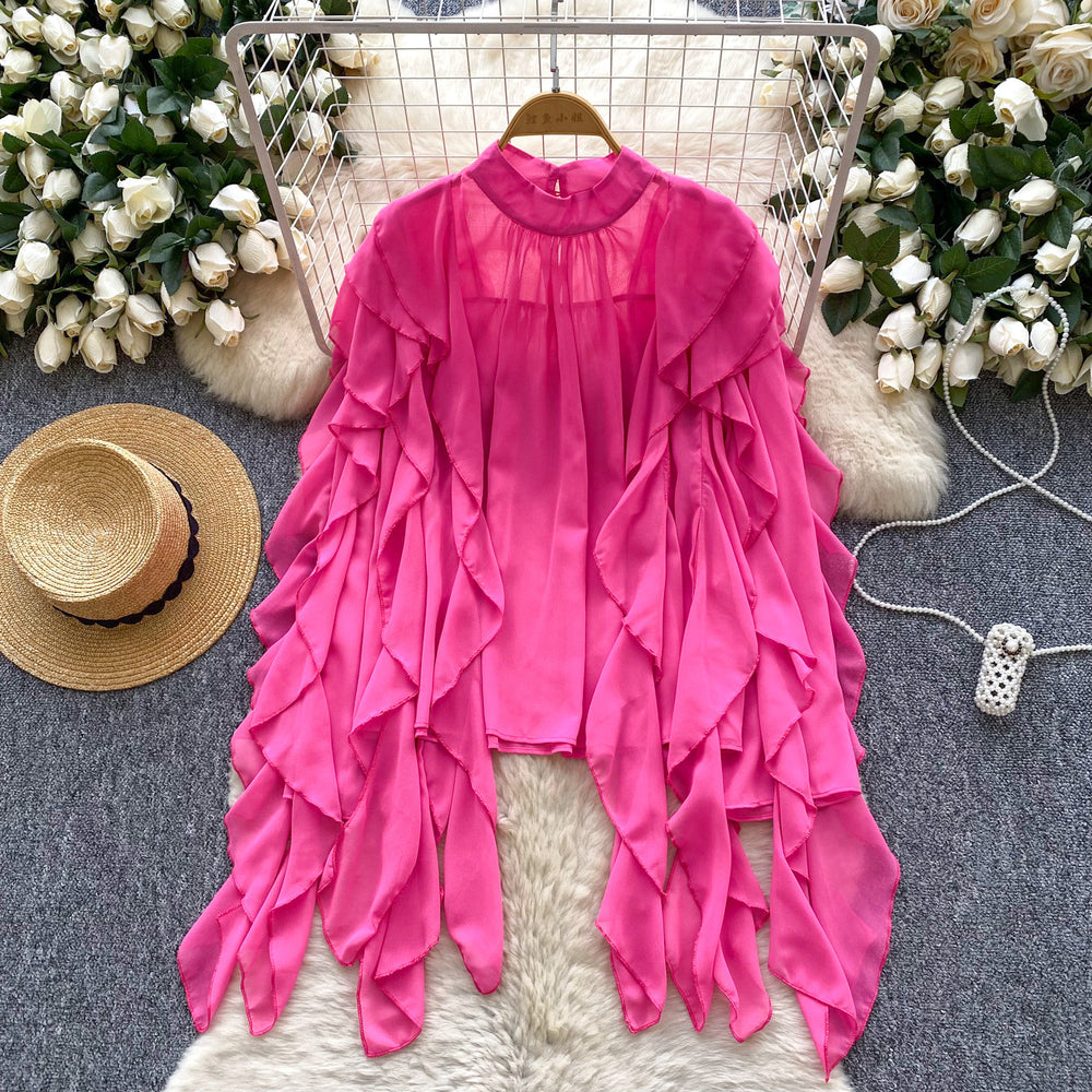 European and american fashion versatile ruffle trim chiffon blouse - women's  autumn lightweight loose fit slimming casual top