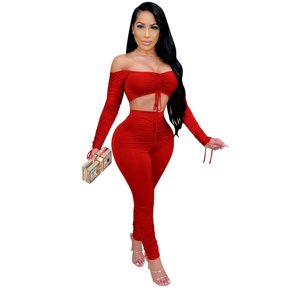 C3715 special offer: no returns or exchanges. please purchase with care. cross-border fashion women's two-piece set with ruched sleeves and tie detail