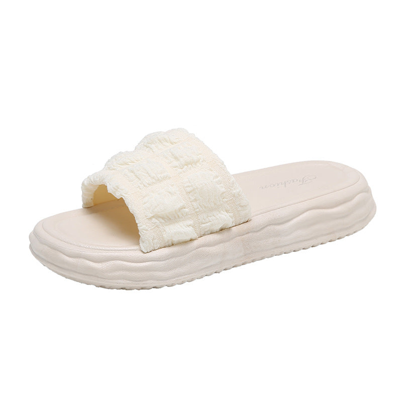 Puff cream slippers women's summer outwear 2024new arrivalfashion fairy style soft thick soleplaid beach internet celebrity sandals