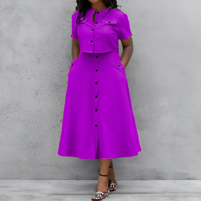 cross-border e-commerce european and american women's clothing: new summer collection - solid color commute style short-sleeve single-breasted long dress set