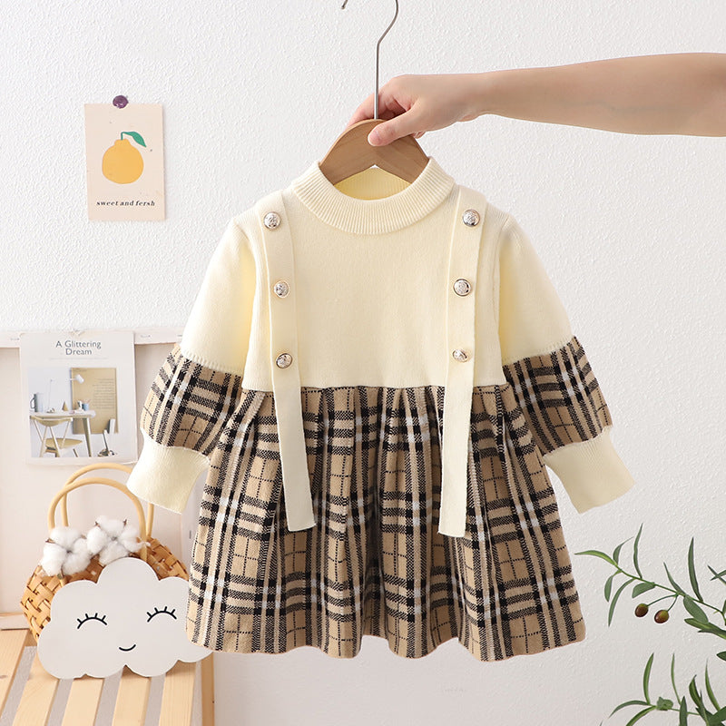 New autumn collection: girls' plaid knit dress - european & american style pullover sweater dress for toddlers & young children