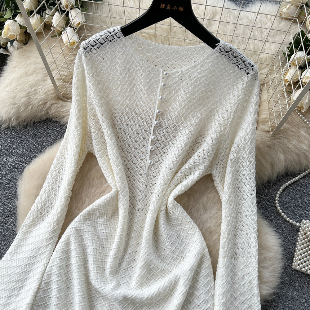 Korean style hollow-out knit crew neck dress - women's spring/summer long sleeve a-line dress - slim fit, commute-friendly, soft & elegant
