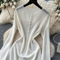 Korean style hollow-out knit crew neck dress - women's spring/summer long sleeve a-line dress - slim fit, commute-friendly, soft & elegant